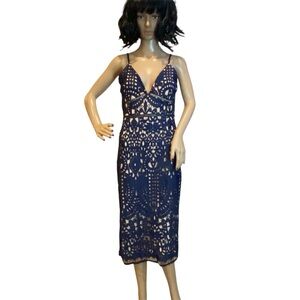 Gianni Bini Crochet Overlay Bodycon Midi Dress Navy Blue over Nude Sz Medium NWT